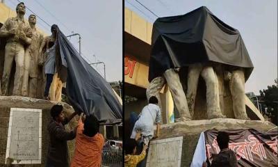 ছাত্রলীগের ঢেকে দেয়া রাজু ভাস্কর্যের  কালো কাপড় খুলে দিল ছাত্র ইউনিয়ন
