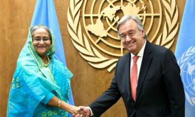 UN chief greets PM Sheikh Hasina; pledges to work with her government