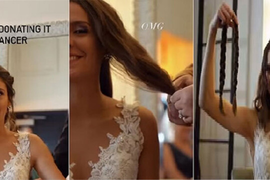 Bride cuts hair on wedding day to donate to cancer patients